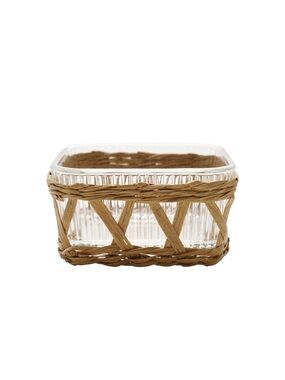 Square Ribbed Glass Dish with Removable Woven Grass Sleeve